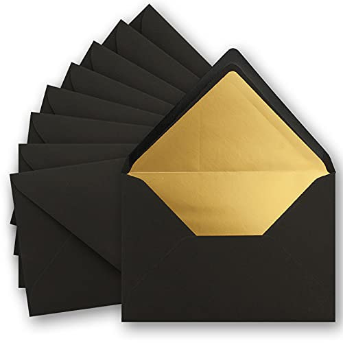 10x metallic Gold-gefütterte Brief-Umschläge DIN C5, schwarz - 156 x 220 mm - Nassklebung mit spitzer Klappe - FarbenFroh by GUSTAV NEUSER