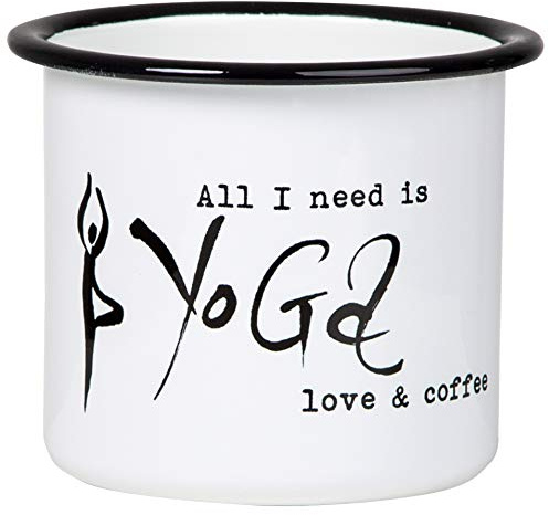 MUGSY Emaille Tasse, Yoga Love & Coffee Schriftzug mit Yoga-Figur, 300ml, weiß, bruchfest & leicht