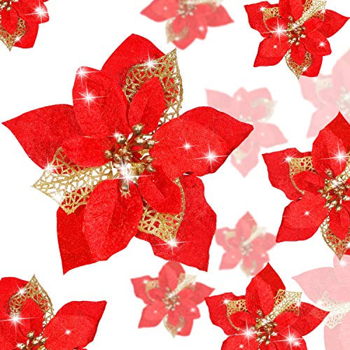 24 Stück Weihnachten Funkeln Weihnachtsstern Blumen Künstliche Weihnachten Blumen Hochzeit Weihnachtsbaum Neujahr Ornamente (Rot)