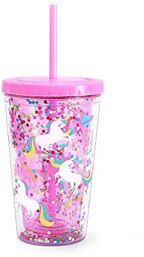 Süßer Becher mit Deckel und Strohhalm, doppelwandig, isoliert, Acryl, für Mädchen, Frauen, Kinder, 550 ml (Einhorn)
