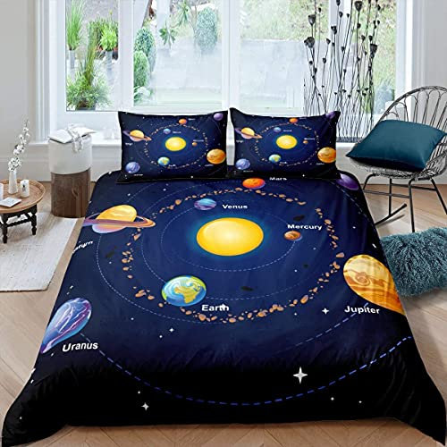 Homemissing Sonnensystem Bettwäsche Set 135x200cm Weltraum Thema Bettbezug Set Universum Planeten Betten Set Astronomie für Kinder Jungen Mädchen