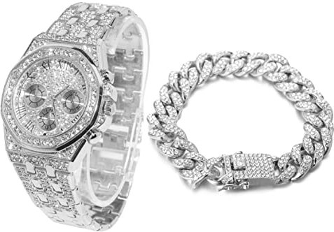 Halukakah Diamant Golduhr, Herren Platin Weiß Vergoldet 40MM Breite Römische Zahlen Wählen Quarz Armband 22cm mit Kubanischer Link Kette 20cm Armband Set, mit Geschenkbox