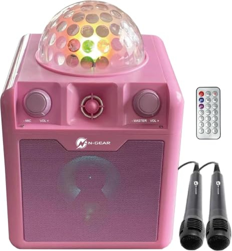 N-Gear Disco Block 410 Pink Portable Party Speaker 50W Max with 4 Woofer, Bluetooth Playback, Powerbank Function, RGB LED Disco Lights, 6 Hours Playtime, Two Wired Microphones and Remote Control