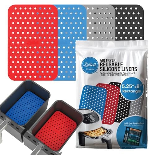 Double Basket Air Fryer Liners 4 Pack, Reusable Silicone Air Fryer Liners with DualZone Magnetic Cheat Sheet, Kitchen Accessories for Dual Basket Air Fryers, Easy Clean - 5.25 x 8”