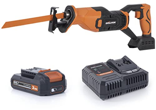 Evolution Power Tools R150RCP-Li Reciprocating Saw, Multi-Material Cutting - Includes 2Ah Battery, Charger, 2 Cordless Reciprocating Saw, Black/Orange