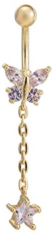 Bishilin Bauchnabelpiercing Chirurgenstahl, Piercing Bauch Schwanger Schmetterling Stern Anhänger mit Weiß Zirkonia Körperpiercing Bauchnabelring Gold