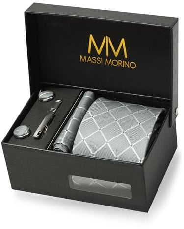 Massi Morino Krawatte Grau Quadrat mit Einstecktuch Set Herren inkl. Manschettenknöpfe, Krawattennadel und Geschenkbox - Männer Krawattenset