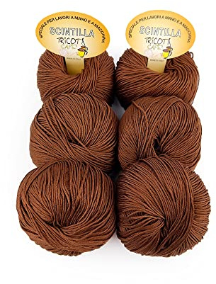 Tricot Cafè Set 6 Scintilla - Filato in Puro Cotone Supermercerizzatoe Antipilling - per Maglieria e Uncinetto - Ferri/Uncinetto 3.50/4.50 mm - 6 Gomitoli da 50g (113m) - Marrone 7, 6 Pezzi