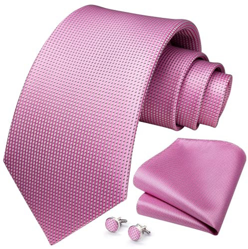 HISDERN Cravate à Rayures Rose clair Cravate Mouchoir Bouton De Manchette Ensemble,Rose clair, Taille Unique