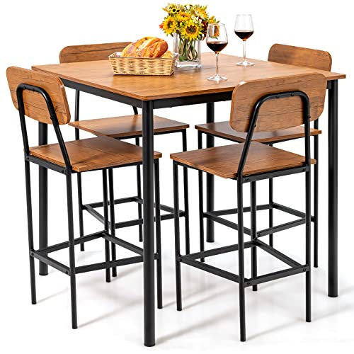LIFEZEAL Juego de Comedor de 5 Piezas, Mesa de Comedor Cuadrada con 4 Sillas, Mesa de Cocina de Estructura Metálica, Mesa y Silla de Bar