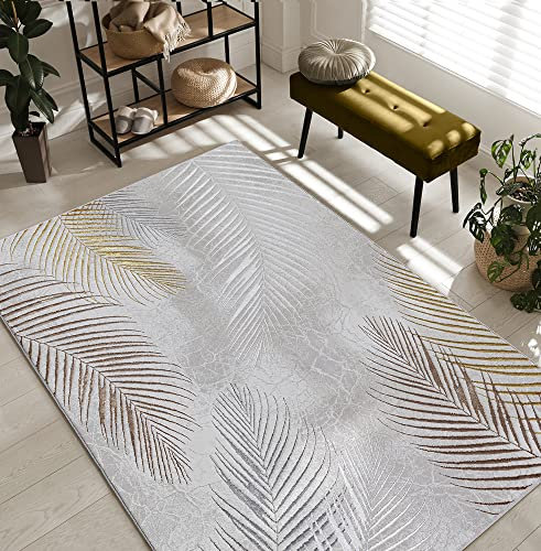 the carpet Mila - moderner Kurzflor Teppich, Wohnzimmer, Schlafzimmer, Eleganter Glanz, Glanzfaser, Hoch-Tief Effekt, Feder, Grau, 240 x 340 cm