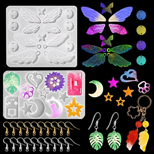 FineInno 2 Stück Ohrringe Epoxidharz Formen, Feenflügel Anhänger Harz Formen Schmetterling Gießform Harz Form Mond Stern Silikon Form für DIY Schmuck Halskette