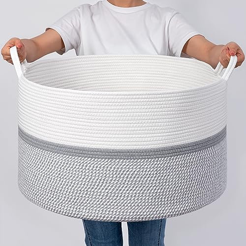 XXXL Extra Large Laundry Basket Cotton Rope Woven Basket Throw Blanket Storage Baskets Living Room with Handle for Clothes Towels Toys Living Room Bedroom Decorative Hamper, 55x35cm, Grey
