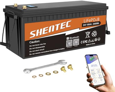 Shentec 24V 100Ah Batteria al litio LifePO4 con BMS 100A, energia massima 2560Wh, ideale per sostituire le batterie al piombo, AGM, perfetta per camper, camperisti, accumulatori di energia, off-grid