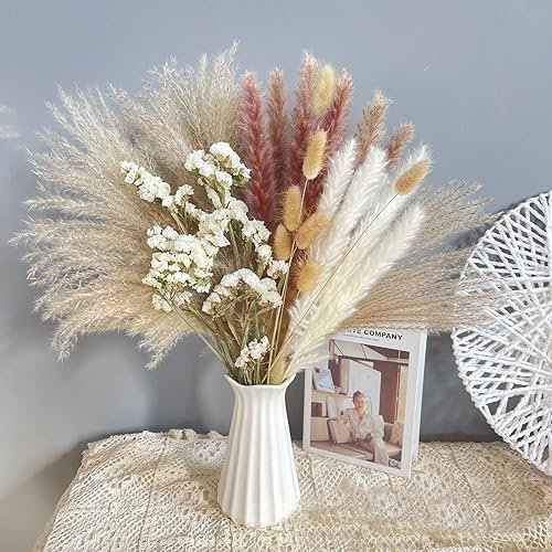 72 Stück Trockenblumen Strauß Boho Deko, Pampasgras Trockenblumen Deko Pampas Boho Deko Braun Weiß Pampasgras Flauschige Wedel für Wohnzimmer Tisch Schlafzimmer Hochzeits Heimdekorationen (5-72)