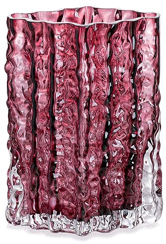 MOLIMAO Glasvase für Tafelaufsätze, Diamantförmige Vase für Blumen, moderne Gletscher-Glasvase für Zuhause, Büro, Restaurant, Schreibtischdekoration, 21,6 cm, Weinrot