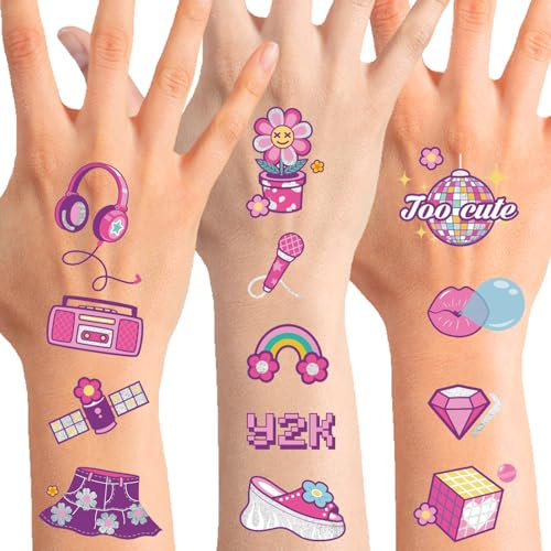 Qpout 130pcs Y2K 2000er Jahre Glitzer Silber temporäre Tattoos Y2K Party Dekoration, 2000er Party Favor 00er Jahre Rosa Gesicht gefälschte Tätowierung Geschenke Bachelorette Geburtstag Aufkleber
