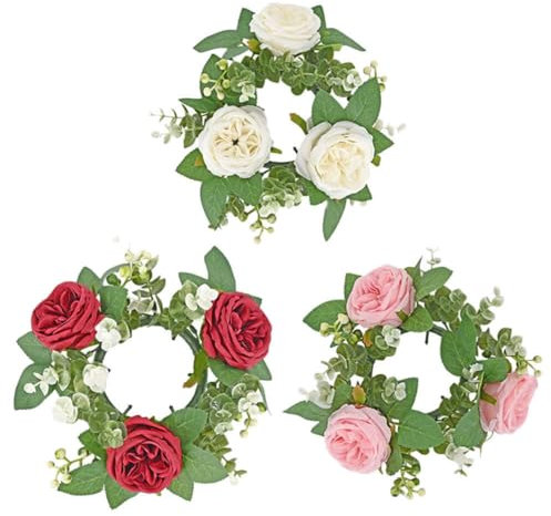 Holibanna 3 Stück Rose Kerzenringe Eukalyptus Kerzenkranz Kerzen Kranz Ringe Dekokranz Blumenkranz Hochzeit Säule Kerzenhalter für Stumpenkerzen Stabkerzen Weihnachten Tischdeko Landhaus Deko