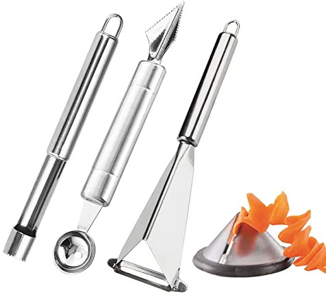Klyuqoz Fruit Carving Knife, Stainless Steel Fruit Tool Set of 4, Stainless Steel Apple Corer, Melon Baller Scoop DIY Carving Knives for Home Kitchen