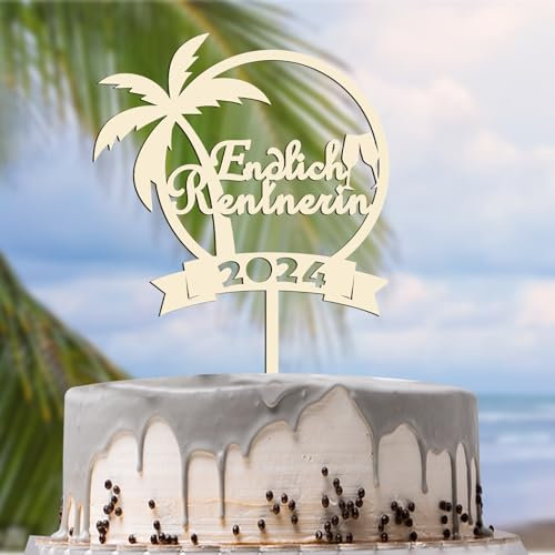 Cake Topper für Endlich Rentnerin 2024, Deko Tortenstecker Holz, Ruhestand Kuchen Dekoration Retired Theme Kuchendekoration, superfeine hochwertige Gravur