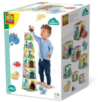 SES Creative 13202 Stapelwürfel Set mit Dino-Figuren, Lernspielzeug für Kleinkinder, Diverse Farben