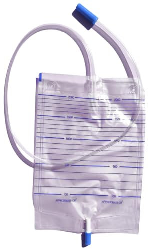 DOC Sacche Urina con Valvola Antireflusso e Scarico a T con Tubo 130 cm, con Supporto, Capienza 2000 ml, Tubo 130 cm, 2 Litri (Confezione 30 pz) (Con Valvola e Scarico Push Pull - Tubo 90 cm)