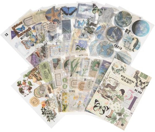 Scrapbooking Aufkleber Set Selbstklebend Sticker DIY Dekoration für Journaling Fotoalbum, Bastelpapier Zubehör Blumen Pilze Pflanzen Schmetterling Verschiedene Muster (Grüne Inselküste)
