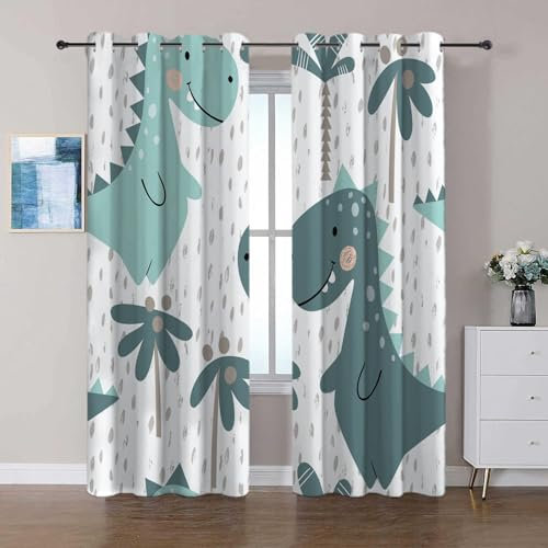 Vorhänge mit Ösen Cartoon-Dinosaurier-Muster Gardinen Blickdicht 2er Set B140 x H245 cm Verdunklungsvorhänge Modern Dekoration Zuhause geeignet für Schlafzimmer, Wohnzimmer