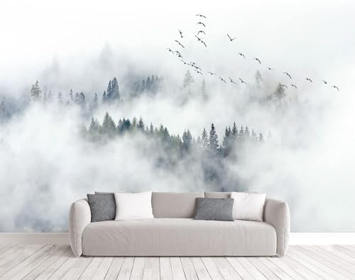Naturempress Papier Peint Panoramique 450X260（LXH） Forêt De Pins Zen Nuages Oiseaux Papier Peint Intissé Tapisserie Poster Mural pour Salon Chambre Décoration Murale