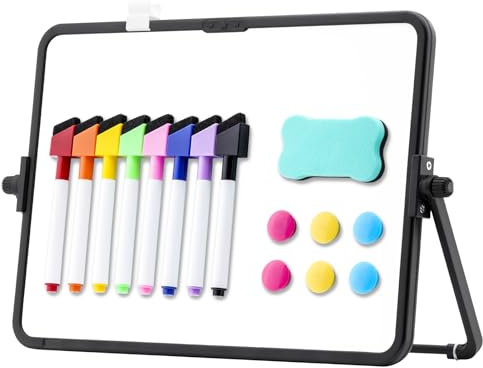 DOLLAR BOSS Small Double-Sided Whiteboard with Stand, Mini Desktop 21×30cm A4 Magnetic Dry Erase Board for Kids, Desk and Wall Hanging with Markers and Magnets