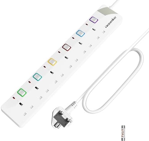 Toomke Extension Lead with Individual Switches 5M, 6 Way Power Strip Wall Mountable Plug Socket Extension 13A Fused UK Plug 5 Meter Long Extension Cord 3250W