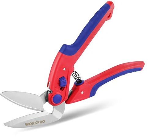 WORKPRO 250mm Heavy Duty Scissors, Multi-Purpose Angled Scissors, Serrated Blade Carpet Cutter, Spring Loaded Stainless Steel Shears for Fabrics, Leather, Cardboard, Carpets