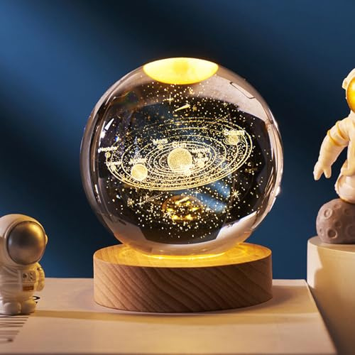 Ludosphere 3D Sonnensystem Kristallkugel Nachtlicht - Kreative Astronomie Lampe Mit Holzsockel - Geschenk für Familie (C)