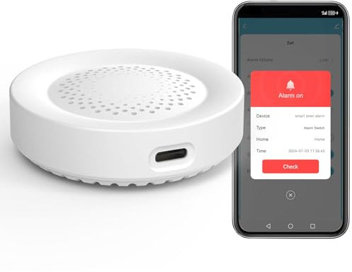 Alarma de Sirena Smart, 100dB Fuerte, Alarma inalámbrica para Sensor de Puerta y Ventana, 32 Tipos de Sonido de Alarma Disponibles, Control Remoto App Alarma de Sirena para el hogar Compatible Alexa