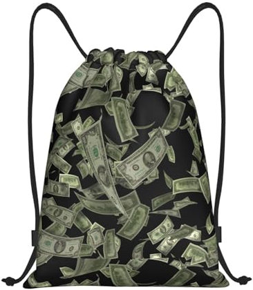 WURTON Rucksack mit Dollarzeichen, Gelddruck, leicht, mit Kordelzug, wasserdicht, Turnbeutel für Damen und Herren, Schwarz, Medium