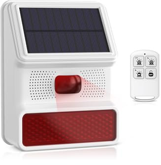 PGST Solar Outdoor Bewegungsmelder Alarm IP65 Wasserdicht 120db Laute Sirene Lampe 3 Arbeitsmodi Stroboskoplicht mit 1 Fernbedienung