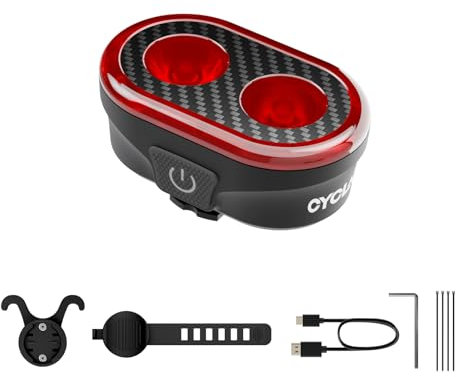 CYCLAMI Linterna Bicicleta, Piloto Trasero Bicicleta LED 200 Lúmenes con Sensor de Freno Inteligente USB-C Recargable IPX6 Impermeable 20 Modos Trasero Bici Recargable para Carretera y Montaña