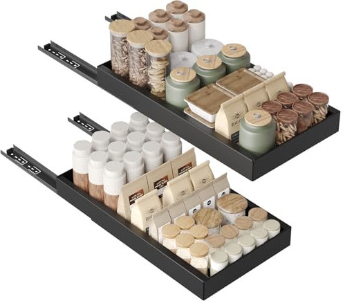 NETEL Teleskopschublade Ausziehbarer Schubladen Organizer Einstellbare Breite 32-52cm，Tiefe 53cm für Küchenschränke mit Klebefolie，Kein Bohren，Schwarz，2er-Pack