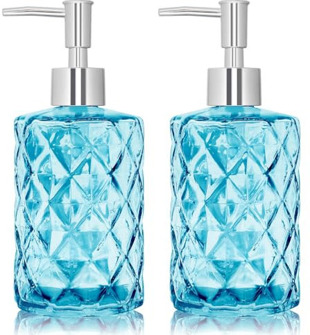 Glass Soap Dispenser - 2 Pack 12 Oz Clear Glass Liquid Hand Soap Dispenser with Rustproof Plastic Pump, Refillable Dish Bottle Dispenser for Bathroom, Kitchen (Blue)