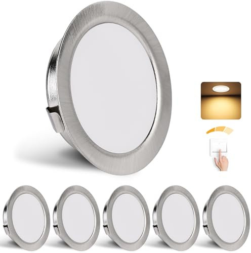 YindaLux 6er Set LED Einbaustrahler 230V Dimmbar 3W 3000K Warmweiß, LED Spot Ultra Flach 300LM Bohrloch 55-58mm und 15mm Flache, IP44 Möbeleinbauleuchte Einbauspots für Spiegelschrank, Nickel