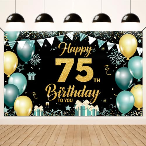 Koliphy 75. Geburtstag Banner, 75. Geburtstagsdeko für Mann Frau, Happy Birthday Banner Stoff Deko Geburtstagsbanner Hintergrund Party Dekoration Drinnen und Draußen (Grün Gold)