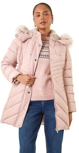 Roman Originals Quilted Padded Coat for Women UK - Ladies Parka Winter Jacket Faux Fur Trim Hooded Short Autumn Waterproof Water Resistant Everyday Holiday Comfy Work - Petite Light Pink - Size 14