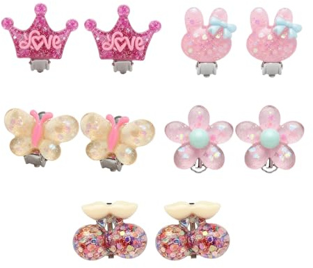VYNZOR 5 Paar Ohrclips für Kinder, Süße Ohrringe ohne Ohrlöcher für Mädchen, Niedliche Design Kinder Schmuck, Perfekt für Geburtstag, Party und Alltag