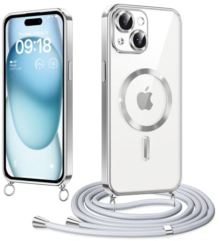 Micnkifo Magnetische Handyband mit Band für iPhone 15 Hülle, [Kompatibel mit Magsafe] Handyhülle Case mit justierbarer Schnur Abnehmbar Strap, Crossbody Schutzhülle zum Umhängen, Silber
