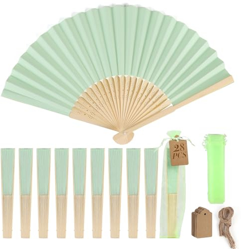 SWAWIS 28 Pezzi Ventaglio di Carta Verde Chiaro per Matrimoni Battesimo | Ventagli Pieghevoli in Bambù Colore Solido con 30 Sacchetti di Organza e Biglietti di Ringraziamento, per Decorazioni DIY