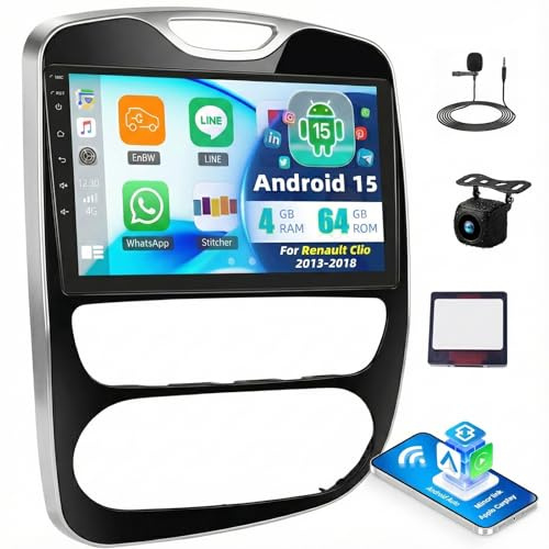 Android 15 4+64G Radio Coche Bluetooth para Renault Clio 2013-2018, 10 Pulgada HD Pantalla Coche Tacile Radio Coche con Carplay Android Auto inalámbricos,WiFi GPS FM/RDS SWC Cámara de Marcha & Mic