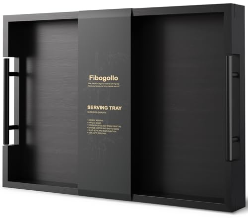 Fibogollo Bambus Serviertablett mit Metallgriff,43x30cm Rechteckig Tablett Frühstückstablett,Deko Ottoman-Tablett für Frühstück Geschirr Getränke,Groß(Schwarz)