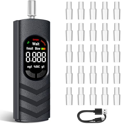 Suevut Ethylotest Electronique, Alcootest Portable avec Écran LCD, Ethylometre Personnel pour Auto-Contrôle, Rechargeable USB, avec 25 Embouts Buccaux