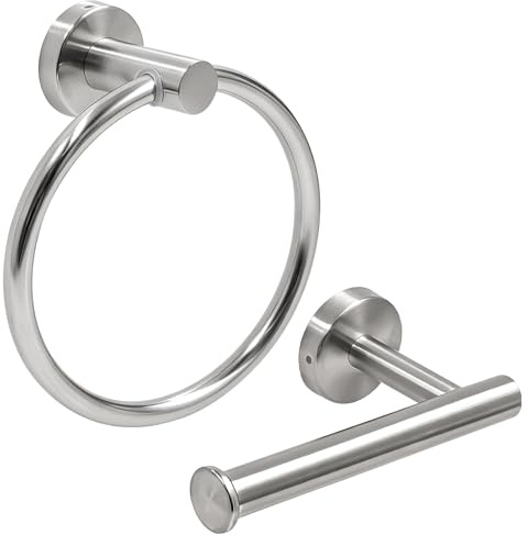 Towel Ring and Toilet Roll Holder Set, 2 Piece Bathroom Accessories, Wall Mounted Stainless Steel Hand Towel Holder and Toilet Paper Holder, Chrome Finish