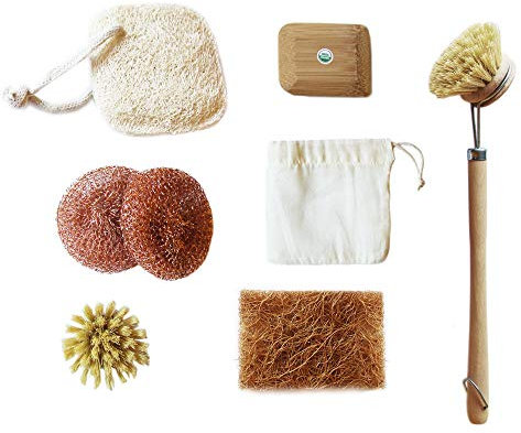 EnergyBalance Juego de cocina sin plástico, esponja, esponjas de cobre, cepillo sin plástico, estropajo natural, bolsa de té reutilizable orgánica